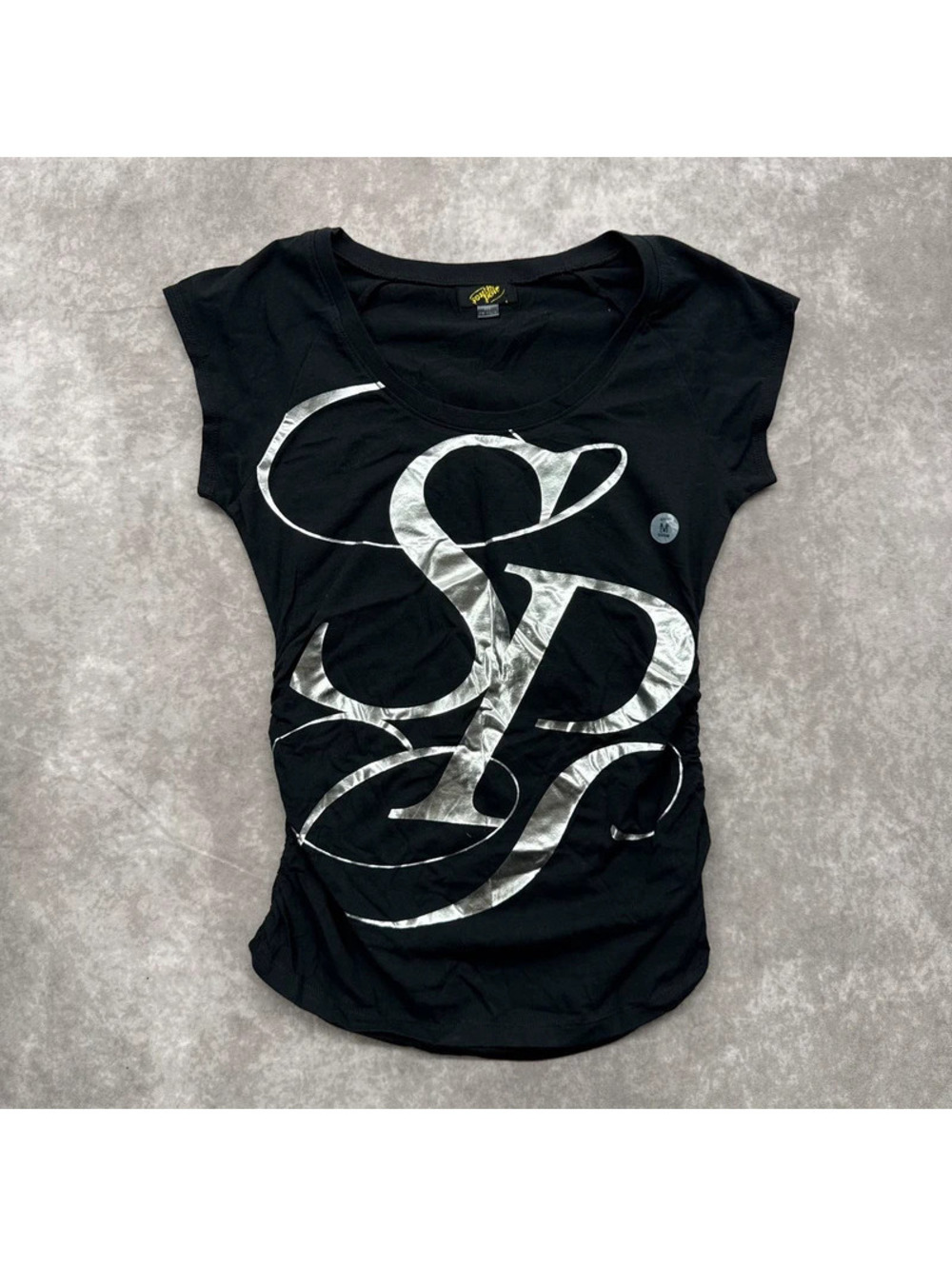 Vintage Y2K Southpole Metallic Silver Monogram Ruched Top Size Medium NWOT